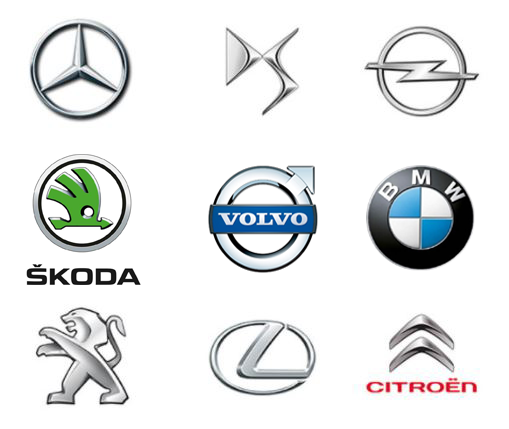 Logos de marcas de coche como Mercedes Benz, DS, Opel, Skoda, Volvo, BMW, Peugeot, Lexus y Citroen.